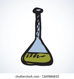 Bright olive color analyse solution in conic vial isolated on white background. Examination outline logo concept. Freehand black ink line hand drawn symbol sketch in retro doodle graphic style