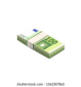 Bright one hundred euro banknotes in stack in isometric view, pile notes isolated on white