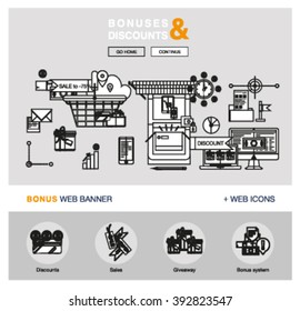 Bright one page web design template with online shopping discount and price bonus system, big sales offer from various store icons. Flat design graphic concept website elements layout