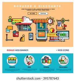 Bright one page web design template with online shopping discount and price bonus system, big sales offer from various store icons. Flat design graphic concept website elements layout