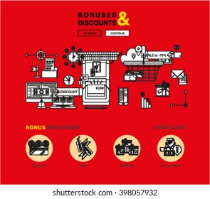 Bright one page web design template with online shopping discount and price bonus system, big sales offer from various store icons. Flat design graphic concept website elements layout