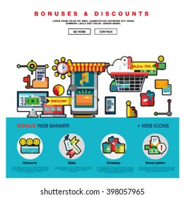 Bright one page web design template with online shopping discount and price bonus system, big sales offer from various store icons. Flat design graphic concept website elements layout