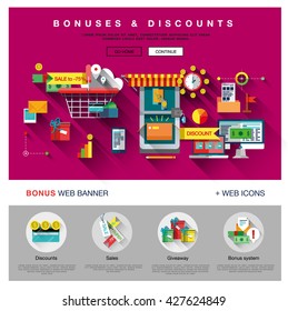 Bright one page web design template with online shopping discount and price bonus system, big sales offer from various store icons. Flat design graphic concept website elements layout