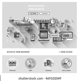 Bright one page web design template with online shopping discount and price bonus system, big sales offer from various store icons. Flat design graphic concept website elements layout