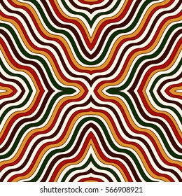 Bright op art abstract background. Psychedelic optical illusion effect wallpaper. Seamless pattern with symmetric geometric ornament. Ornamental vivid print. Vector art illustration