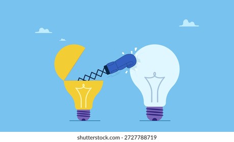 Idea de bombilla abierta brillante con guante de boxeo para golpear a la competencia. Proponer ideas ganadoras, disrupción, innovación o creatividad para ganar competencia empresarial, estrategia de negocio o marketing.