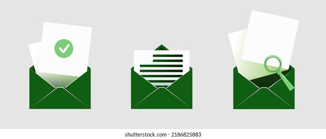  bright open mail envelope icon set with marker new message
 isolated on grey background. Render email notification
 with letters, check mark, paper plane and magnifying glass.
 realistic vector
