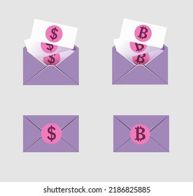  conjunto de iconos de sobre de correo abierto brillante con nuevo mensaje de marcador
 aislado de fondo gris. Notificar por correo electrónico
 con letras, marca de verificación, plano de papel y lupa.
 vector realista

