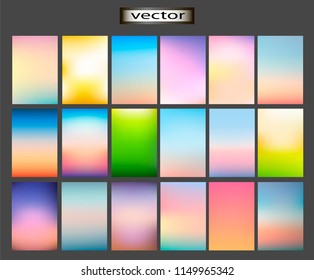 Bright option of the natural background set with different lighting of the sky and the blurred horizon line for the background.