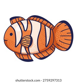 Bright orange anemonefish with  white bands and bold dark outlines illustration.  captures a side profile of a tropical clownfish swimming.