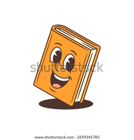 Bright orange animated book mascot with large expressive eyes, wide open joyful smile, and visible cream-colored pages. Ideal for educational and children learning materials. Vector illustration