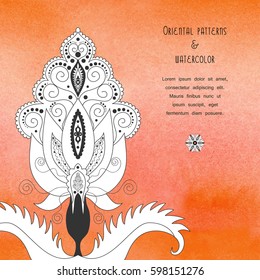 Bright orange aquarell background with paisley floral pattern. Vector card. Place for your text.
