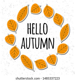 Bright orange autumn leaves vector illustration for card, banner, poster. Pattern leaf, leaves, fall, floral set simple ornament of textile, fabric, paper, wrapping. Round frame, circle. Vector EPS 10