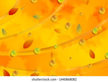 Bright orange autumn wavy background with leaves. Vector design