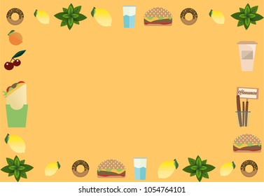 Bright orange backdrop with a frame of various foods