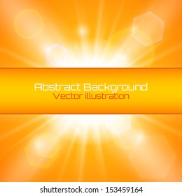 Bright orange background with a banner in a middle. Summer sun burst with lens flare. Space for your text. Vector illustration. Stock Vector