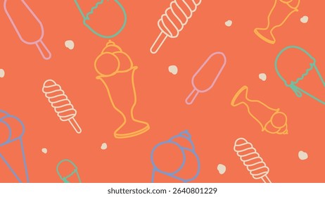 Bright orange background with colorful outlined ice cream cones, popsicles, and sundaes. A cheerful and playful visual for summer or dessert-themed projects.