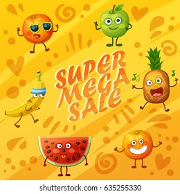 Bright orange background with crazy funny fruit characters. Cheerful food emoji present super sale banner. Cartoon vector illustration: green apple, banana, cheerful orange, fool watermelon, pineapple