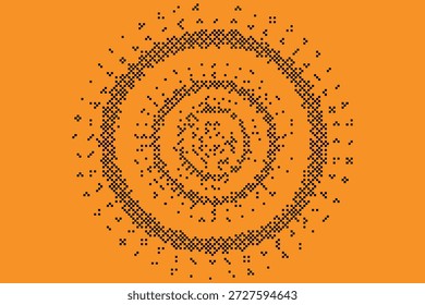 Fondo naranja brillante con círculos concéntricos hechos de puntos de píxeles negros, creando un patrón radial rítmico de Ilustración vectorial de arte digital