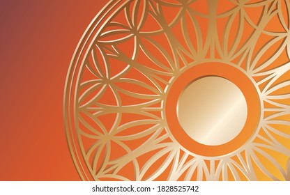 Bright orange background with a gold three-dimensional pattern. Vector mandala. Lace circle. Space for text in the circle.