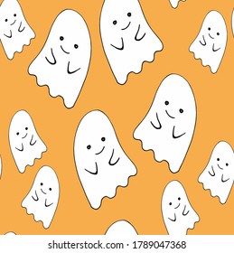 Bright orange background with pattern of funny and cute doodle hand-drawn ghosts