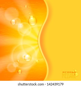 Bright orange background with splashes. Fresh orange juice