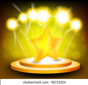Bright orange background with stage and star