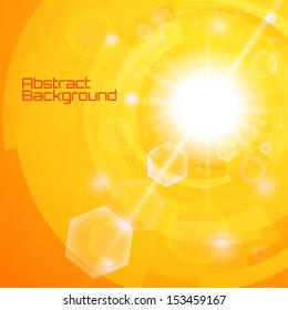 Bright orange background with a summer sun burst with lens flare. Space for your text. Vector illustration
