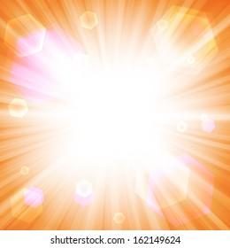 Bright orange background with a summer sun burst with lens flare. Vector illustration. Stock Vector