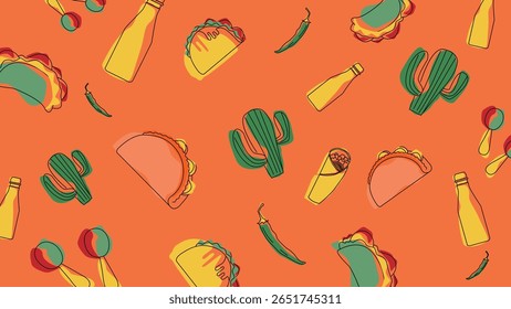 Fundo laranja brilhante com tacos, cactos, burritos, maracas, garrafas e pimentões, ótimo para temas culinários e festas mexicanas.