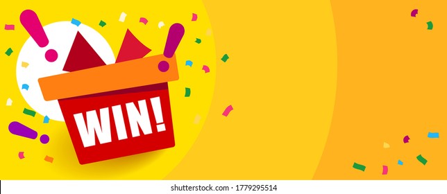 Bright orange background with text Win! gift box and exclamation marks. Congratulations win banner. Fireworks or confetti around. 