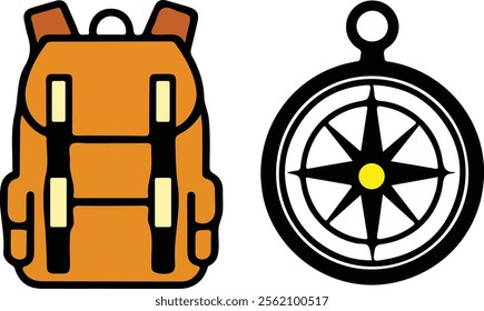 Bright orange backpack and black compass icons, perfect for travel, camping, and adventure designs.