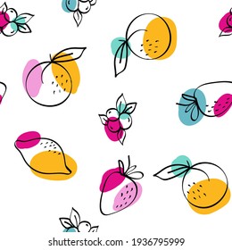 Patrón blanco transparente sin soldadura de los vectores Naranja y Berry. Adorable Citrus y Textura de arándano. Diseño de dibujo de limón azul y rojo y fresa.