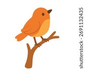 Bright orange bird sitting on brown tree branch in soft flat style on white background.