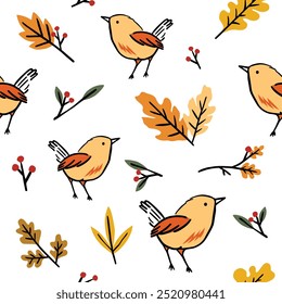 Bright orange birds and autumn leaves seamless pattern