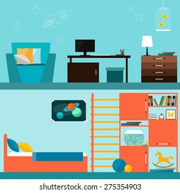 Bright orange and blue colored children room interior for use in design for for card, invitation, poster, banner, placard or billboard cover