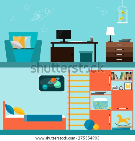 Bright orange and blue colored children room interior for use in design for for card, invitation, poster, banner, placard or billboard cover