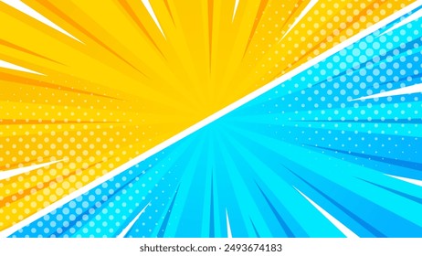 Bright orange and blue comic-style vector background. Comic sunburst effect background with halftone. Suitable for templates, sale banners, events, ads, web and pages