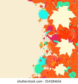 Bright orange with blue and green drops watercolor paint splatter frame with autumn maple leaf, square format.