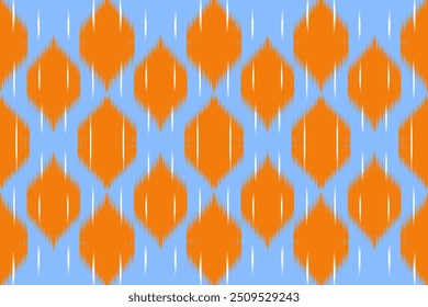 Padrão Ikat laranja e azul brilhante com formas circulares, perfeito para decoração de parede moderna e projetos têxteis vibrantes