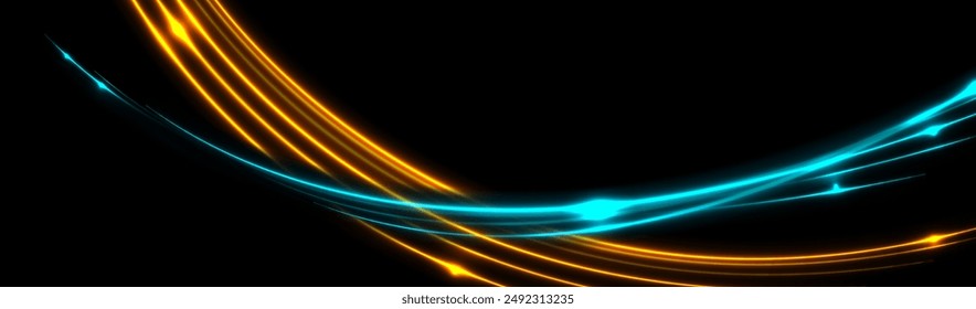 Bright orange and blue neon wavy lines abstract shiny retro background. Futuristic glowing vector banner design