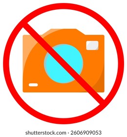 Bright orange camera with a light blue lens is crossed out with a red circle This graphic signals a prohibition on photography