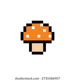A bright orange capped mushroom with white dots in 8-bit pixel art.
