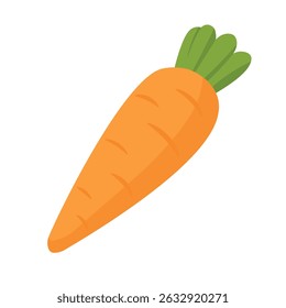 Bright orange carrot with green top, flat cartoon style healthy food illustration.