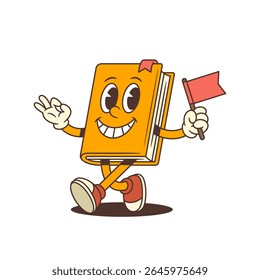 Bright orange cartoon book mascot walking forward while holding a red flag and making an OK gesture with a happy expression. Educational and playful design for fun projects. Vector illustration