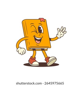 Mascote laranja brilhante do livro de desenhos animados andando com piscadela divertida e gestos de mão acenando. Personagem educacional amigável com energia alegre e estilo cômico. Ilustração vetorial