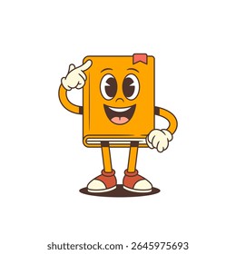 Bright orange cartoon book mascot pointing finger to head representing intelligence and wisdom, perfect for educational and learning materials focused on knowledge and study. Vector illustration
