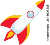 Bright orange cartoon rocket with red fins and yellow flame, blasting off into space, ideal for sci-fi or children’s themed designs.