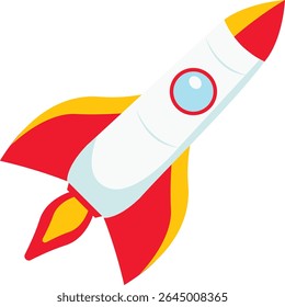 Foguete laranja brilhante para desenhos animados com barbatanas vermelhas e chama amarela, explodindo no espaço, ideal para projetos temáticos de ficção científica ou para crianças.