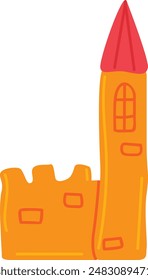 Bright orange castle turret vector illustration, isolated white background. Childlike drawing fantasy castle piece, simple shapes red roof. Flat design, playful graphic tower kids